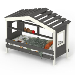 DOLCE NIDO lit enfant, lit de jeu, lit adolescent, maisonnette de jeu, pin massif, anthracite/blanc avec étagère sans lit gigogne