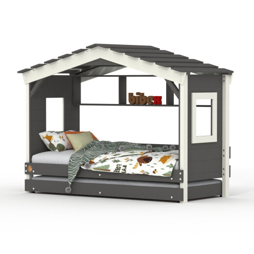 DOLCE NIDO letto per bambini, letto da gioco, letto per ragazzi, casetta da gioco, pino massiccio, antracite/bianco con scaffale e letto estraibile