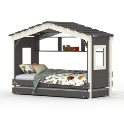 DOLCE NIDO letto per bambini, letto da gioco, letto per ragazzi, casetta da gioco, pino massiccio, antracite/bianco con scaffale e letto estraibile