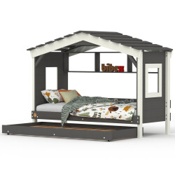 DOLCE NIDO letto per bambini, letto da gioco, letto per ragazzi, casetta da gioco, pino massiccio, antracite/bianco con scaffale e letto estraibile