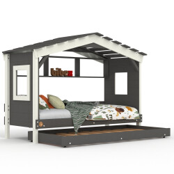 DOLCE NIDO letto per bambini, letto da gioco, letto per ragazzi, casetta da gioco, pino massiccio, antracite/bianco con scaffale e letto estraibile