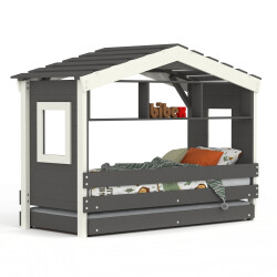 DOLCE NIDO letto per bambini, letto da gioco, letto per ragazzi, casetta da gioco, pino massiccio, antracite/bianco con scaffale e letto estraibile