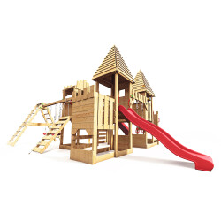 Tour de jeu - Château des chevaliers "EMBERFORT III" toboggan rouge et balançoires