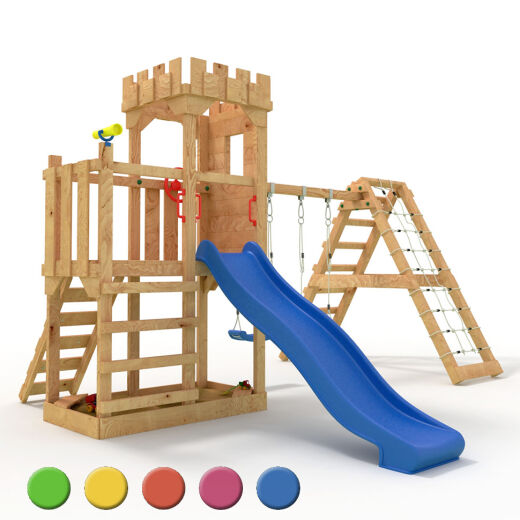 Play Tower - Knights Castle "M120" - Climbing Tower, Slide, Climbing Wall, Swing, and Sandbox
