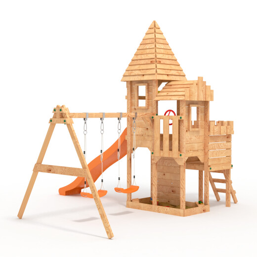 Spielturm - Ritterburg "L150" + lange Rutsche, 2xSchaukel, Klettersteine Orange Rutsche/Schaukel