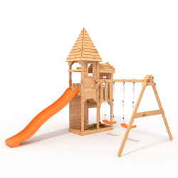 Spielturm - Ritterburg "L150" + lange Rutsche, 2xSchaukel, Klettersteine Orange Rutsche/Schaukel