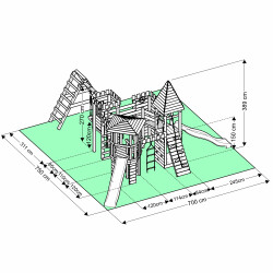 Spielturm - Ritterburg XXL+R - zwei Bausatze in einem kombiniert 1x grune, 1x orange Rutsche, orange Schaukeln