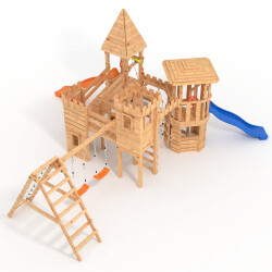 Spielturm - Ritterburg XXL+R - zwei Bausatze in einem kombiniert 1x blaue, 1x  orange Rutsche, orange Schaukeln