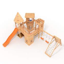 Spielturm - Ritterburg XXL+R - zwei Bausatze in einem kombiniert 1x blaue, 1x  orange Rutsche, orange Schaukeln