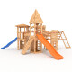Spielturm - Ritterburg XXL+R - zwei Bausatze in einem kombiniert 1x blaue, 1x  orange Rutsche, orange Schaukeln