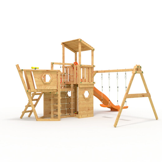 Das Piratenschiff - PS150 - Spielturm - Klettergerust - lange orange Rutsche - Doppelschaukel von BIBEX