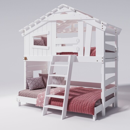 Hochbett ALPIN CHALET Doppelbett, Kinderbett, 120x200cm, weiß + Oberes Regal + Türchen