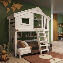 Hochbett ALPIN CHALET Doppelbett, Kinderbett, 120x200cm, weiß + Unteres und oberes Regal ohne Türchen