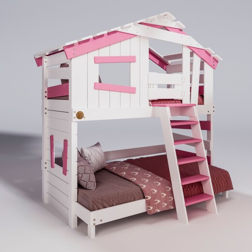 Hochbett ALPIN CHALET Doppelbett, Kinderbett, 120x200cm, weiß/rosa Ohne Regale + Türchen