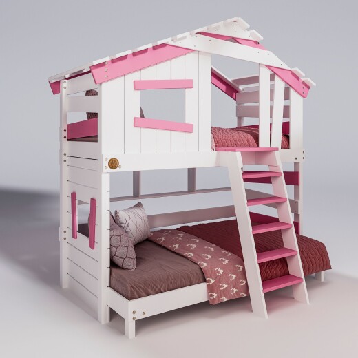Hochbett ALPIN CHALET Doppelbett, Kinderbett, 120x200cm, weiß/rosa + Unteres Regal Ohne Türchen