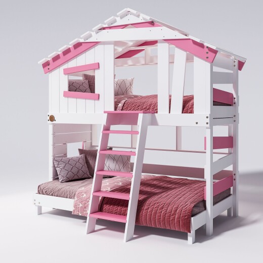 Hochbett ALPIN CHALET Doppelbett, Kinderbett, 120x200cm, weiß/rosa + Unteres und oberes Regal Ohne Türchen