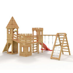 Playtower - Knights Castle "XXL" - 3x climbing towers, slide, swing, climbing wall, sandbox 2x swing + net Red slide