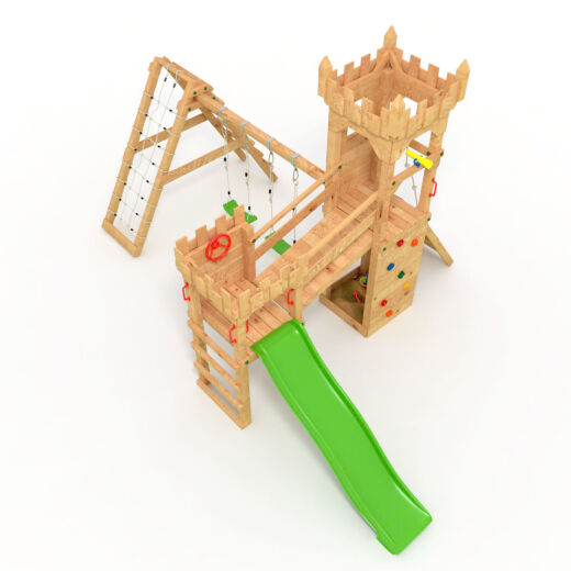Spielturm - Ritterburg XL120 - 2x Klettertürme, 2x Schaukel+Netz, Grüne Rutsche, Brücke, Kletterwand und Sandkasten