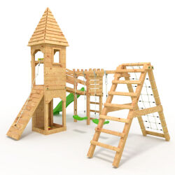Play Tower - Knights Castle "XL120" - 2x Climbing Towers+Turrets, 2x Swings+Net, Green Slide, Bridge, Climbing Wall, and Sandbox