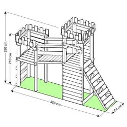 Playtower - Knights Castle "XL120" - 2x Climbing Towers, 2x Swing + Net, Yellow Slide, Bridge, Climbing Wall, and Sandbox.