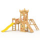 Playtower - Knights Castle "XL120" - 2x Climbing Towers, 2x Swing + Net, Yellow Slide, Bridge, Climbing Wall, and Sandbox.