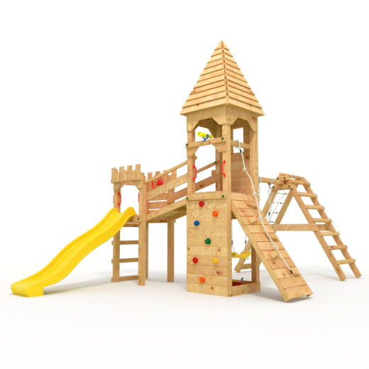 Playtower - Knights Castle "XL120" - 2x Climbing Towers+Spire, 2x Swings+Net, Yellow Slide, Bridge, Climbing Wall, and Sandbox
