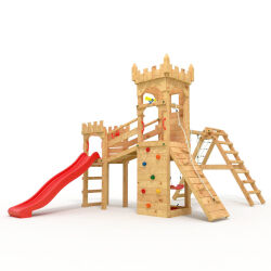 Playtower - Knights Castle "XL120" - 2x climbing towers, 2x swing+net, Red slide, Bridge, Climbing wall, and Sandbox.