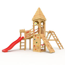 Play Tower - Knights Castle "XL120" - 2x Climbing Towers + Pointed Roof, 2x Swing + Net, Red Slide, Bridge, Climbing Wall, and Sandbox
