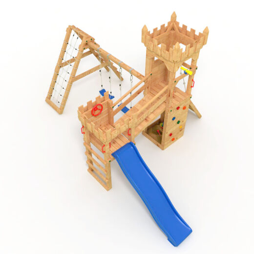 Spielturm - Ritterburg XL120 - 2x Klettertürme, 2x Schaukel+Netz, Blaue Rutsche, Brücke, Kletterwand und Sandkasten