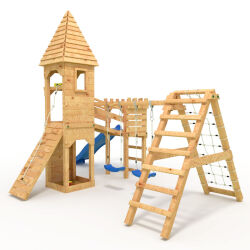 Torre da gioco - Castello dei cavalieri "XL120" - 2x torri da arrampicata + tetto a punta, 2x altalene + rete, scivolo blu, ponte, parete da arrampicata e cassetta di sabbia.