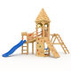 Torre da gioco - Castello dei cavalieri "XL120" - 2x torri da arrampicata + tetto a punta, 2x altalene + rete, scivolo blu, ponte, parete da arrampicata e cassetta di sabbia.