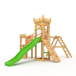 Playtower - Knights Castle "XL150" - LONG slide, 2x towers, bridge, slide, climbing wall, and sandbox green slide/swing.