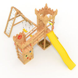 Playtower - Knights Castle "XL150" - LONG Slide, 2x Towers, Bridge, Slide, Climbing Wall, and Sandbox Yellow Slide/Swing