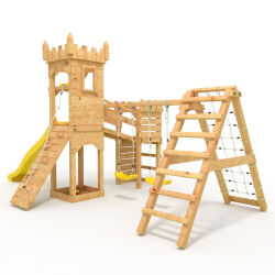 Playtower - Knights Castle "XL150" - LONG Slide, 2x Towers, Bridge, Slide, Climbing Wall, and Sandbox Yellow Slide/Swing