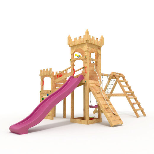 Playtower - Knights Castle "XL150" - LONG Slide, 2x Towers, Bridge, Slide, Climbing Wall and Sandbox, pink Slide/Swing