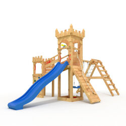 Playtower - Knights Castle "XL150" - LONG Slide, 2x Towers, Bridge, Slide, Climbing Wall, and Sandbox, blue Slide/Swing