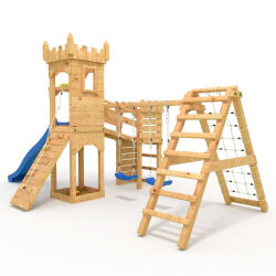 Playtower - Knights Castle "XL150" - LONG Slide, 2x Towers, Bridge, Slide, Climbing Wall, and Sandbox, blue Slide/Swing
