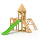 Playtower - Knights Castle "XL150" - LONG Slide, 2x Towers+Spire, Bridge, Slide, Climbing Wall, and Sandbox, green Slide/Swing