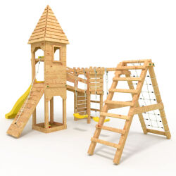 Playtower - Knights Castle "XL150" - LONG Slide, 2x Towers+Spire, Bridge, Slide, Climbing Wall and Sandbox, yellow Slide/Swing