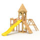 Playtower - Knights Castle "XL150" - LONG Slide, 2x Towers+Spire, Bridge, Slide, Climbing Wall and Sandbox, yellow Slide/Swing
