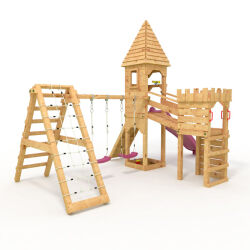 Playtower - Knights Castle "XL150" - LONG slide, 2x towers + spire, bridge, slide, climbing wall and sandbox, pink slide/swing