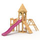 Torre giochi - Castello dei Cavalieri "XL150" - Scivolo LUNGO, 2x torri + guglia, ponte, scivolo, parete da arrampicata e sandbox, scivolo/altalena rosa