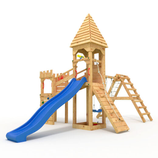 Playtower - Knights Castle "XL150" - LONG slide, 2x towers with pointed roof, bridge, slide, climbing wall, and sandbox, blue slide/swing