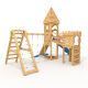 Playtower - Knights Castle "XL150" - LONG slide, 2x towers with pointed roof, bridge, slide, climbing wall, and sandbox, blue slide/swing