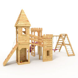 Playtower - Knights Castle "XXL" - 3x Climbing Towers, Slide, Swing, Climbing Wall, Sandbox 2x Swing+Net Purple Slide