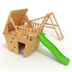 BIBEX® Play Tower - Wonder Cottage M120 + Slide, 2x Swings, Climbing Net, Climbing Stones, Furniture