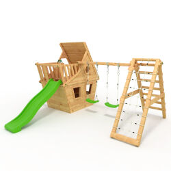 BIBEX® Play Tower - Wonder Cottage M120 + Slide, 2x Swings, Climbing Net, Climbing Stones, Furniture Green Slide/Swings