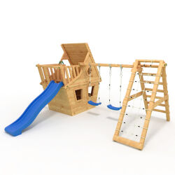 BIBEX® Play Tower - Wonder Cottage M120 + Slide, 2x Swings, Climbing Net, Climbing Stones, Furniture Blue Slide/Swings