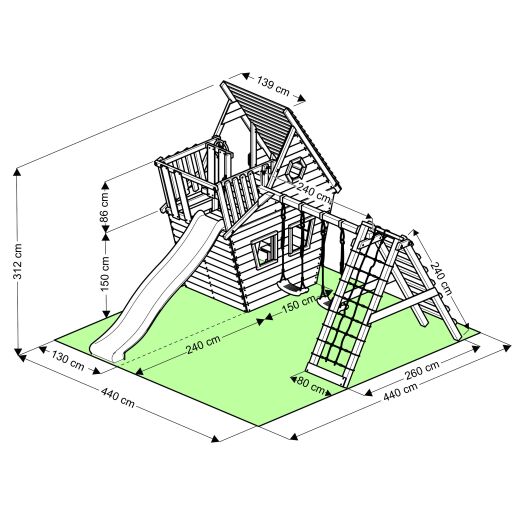 BIBEX® Spielturm - Wunderhauschen M150 - LANGE Rutsche, 2x Schaukel, Knotennetz, Klettersteine, Mobel