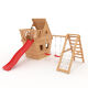 BIBEX® Play Tower - Wonder Cottage M150 - Long Slide, 2x Swings, Knot Net, Climbing Stones, Furniture - Red Slide/Swings
